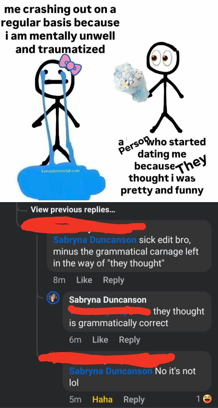 Meme showing an overconfident know-it-all correcting grammar in an online group shaming incorrect corrections.