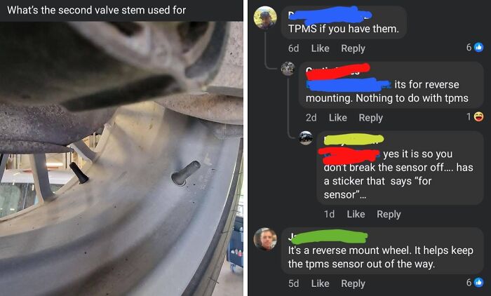 Photo showing a second valve stem on a wheel with online comments correcting a common misconception about its purpose.