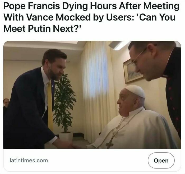 Pope Francis meeting with Vance in a room, illustrating headlines that could pass for satire but are true.