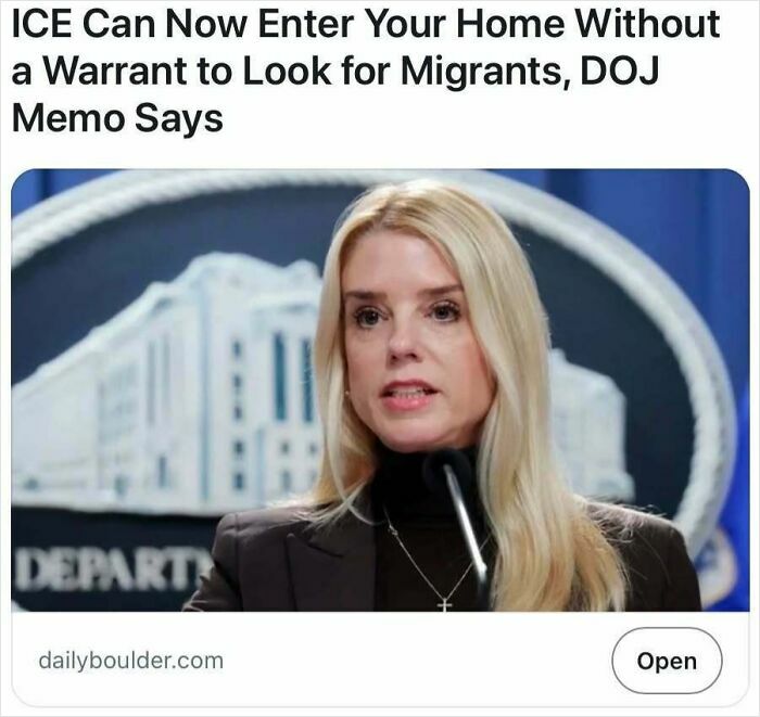 Woman speaking at a press conference about ICE entering homes without warrants in a satire-worthy true headline.