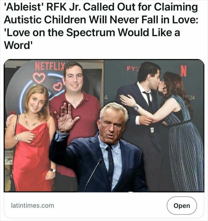 Man in suit speaking at podium with collage of people showing love including autistic individuals, satire headlines concept.