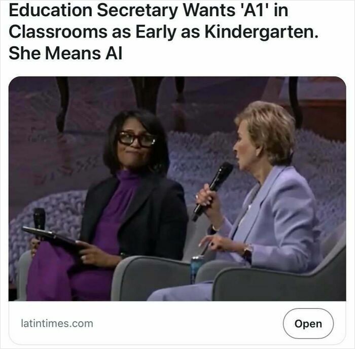 Two women in a discussion about AI in classrooms, highlighting satirical yet true headlines on education and technology integration.