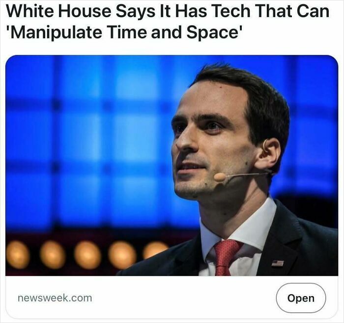 Man wearing suit and microphone talking about White House tech that can manipulate time and space in a news report.