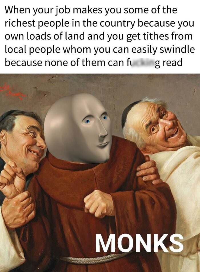 Medieval monks laughing and scheming about wealth and tithes in a humorous Middle Ages meme.
