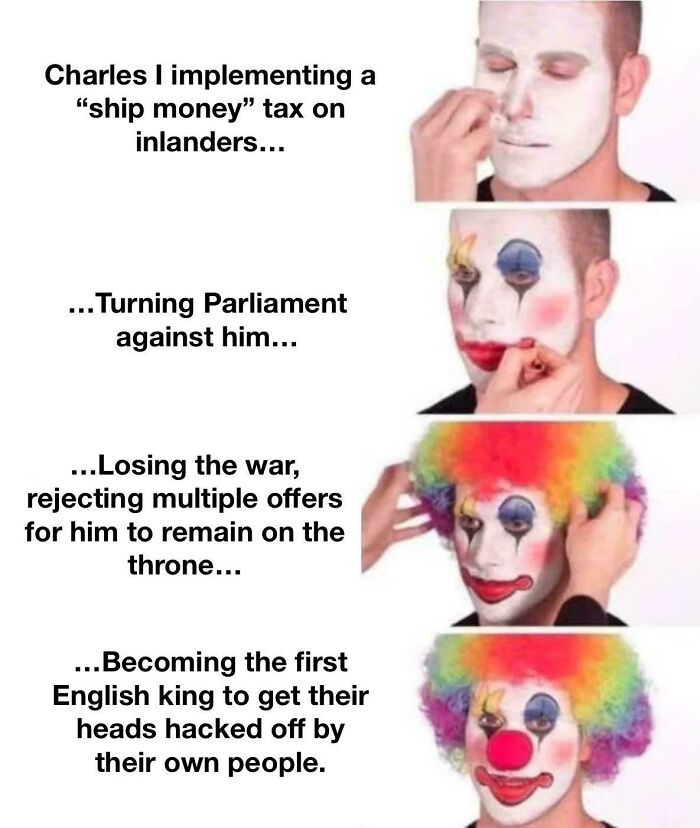 Man applying clown makeup meme illustrating key historical events in the Middle Ages with humor and satire.