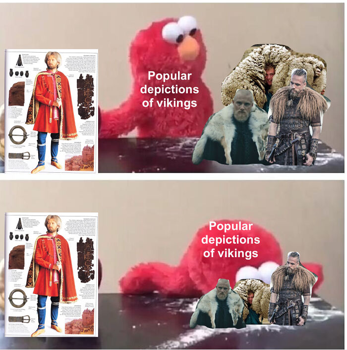 Elmo meme contrasting popular Viking depictions with historical Middle Ages portrayals in a humorous way.