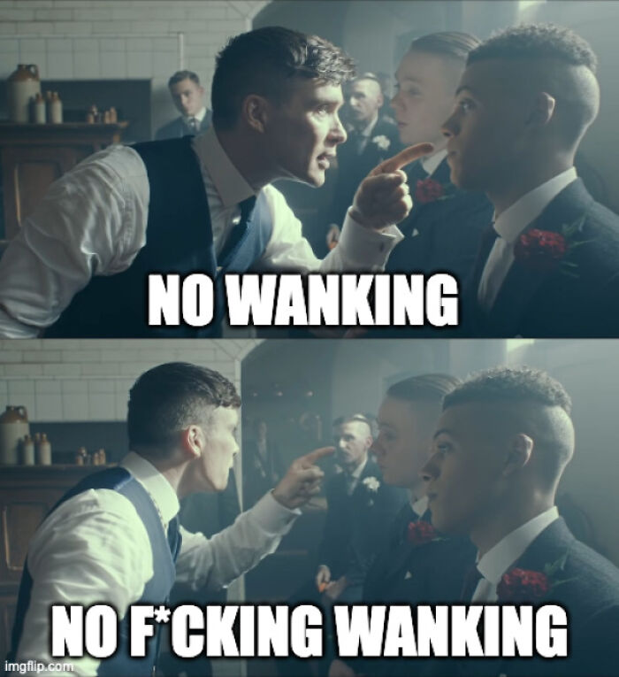 Two-part chaotic British meme with characters in suits, emphasizing strict no wanking rules, capturing U.K. humor and culture.
