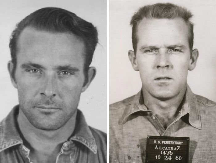 Black and white mugshots of two Alcatraz inmates, showing rare glimpses into the harsh reality of life on Alcatraz.