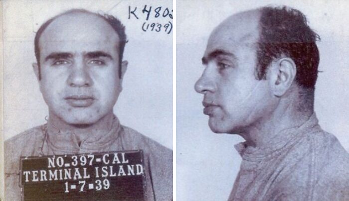 Black and white mugshot of an Alcatraz prisoner from 1939 showing frontal and profile views, rare glimpse into prison life.