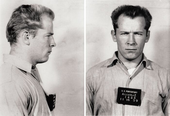 Black and white mugshot of an Alcatraz prisoner showing harsh reality of life on Alcatraz prison.