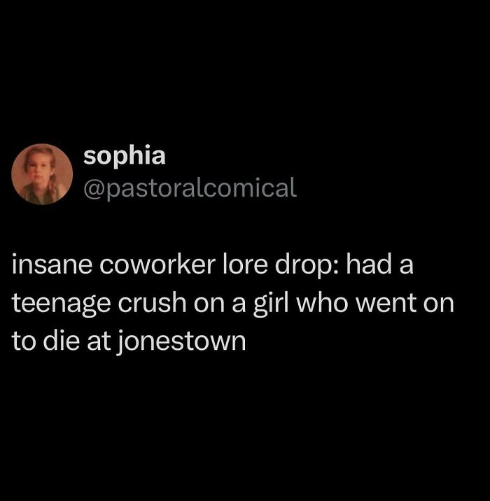 Tweet by sophia sharing a unique and insane coworker story that fits quirky sentences only they could have come up with.