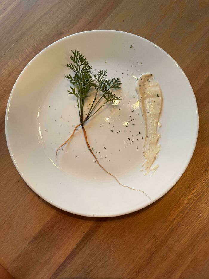Tiny carrot with delicate greens served on a white plate with a smear of sauce, showcasing a nature gardening joke.