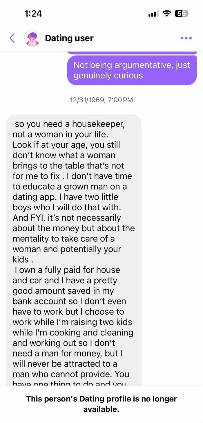 Screenshot of a toxic dating message from a woman highlighting expectations and roles in relationships.