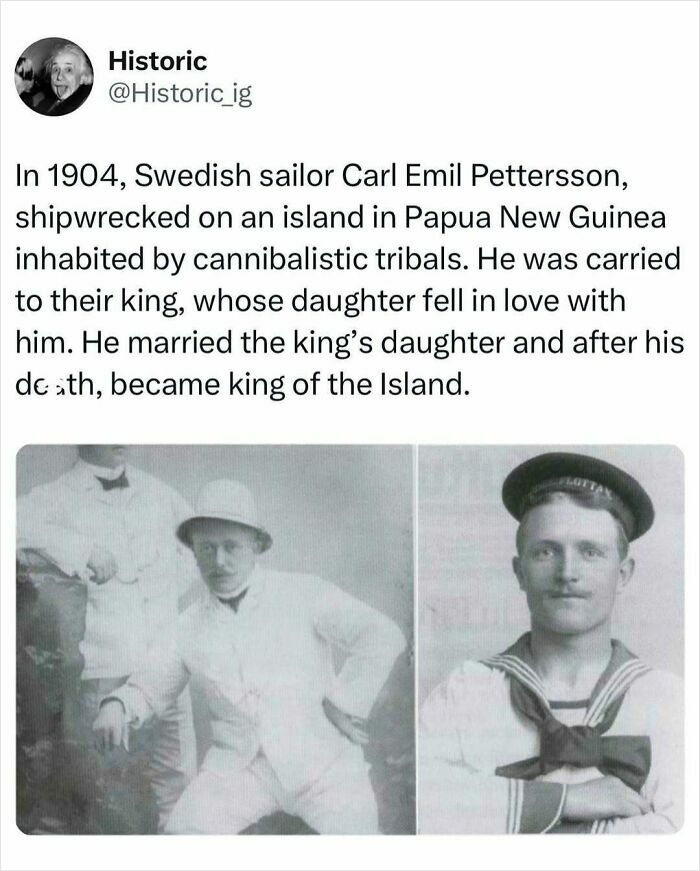 Historic photos showing Swedish sailor Carl Emil Pettersson who became king of a Papua New Guinea island after shipwreck.