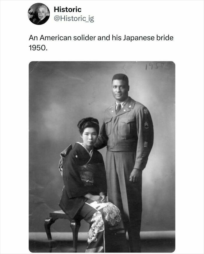 Historic photo of an American soldier and his Japanese bride in 1950, showcasing an interesting historic moment and story.