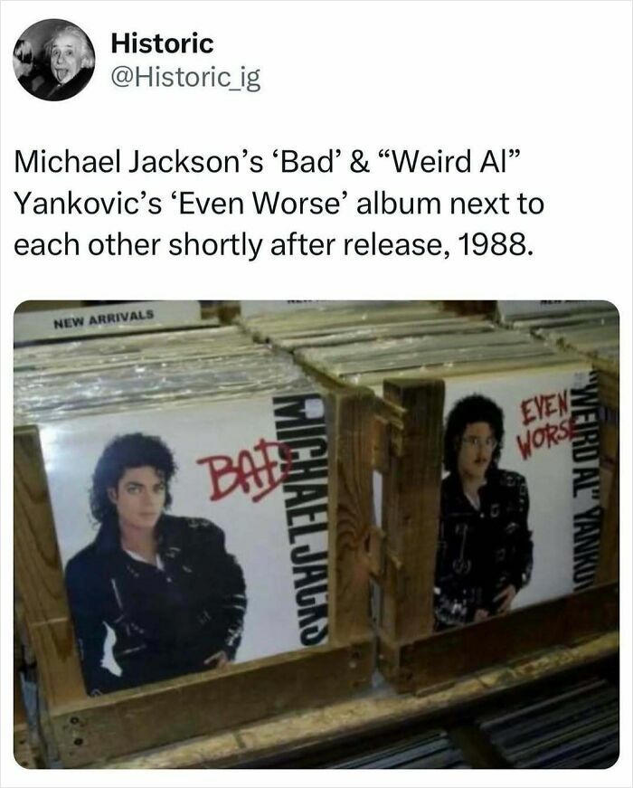Historic photo of Michael Jackson’s Bad and Weird Al Yankovic’s Even Worse albums side by side in a record store in 1988.