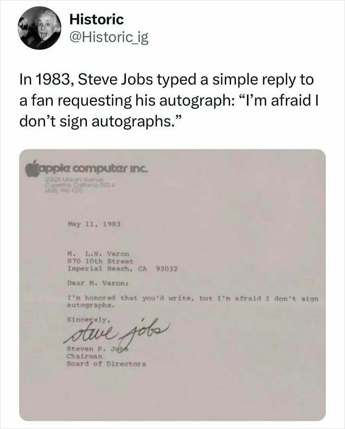 Historic photo of Steve Jobs' 1983 typed letter declining autograph requests, showcasing an interesting historic moment.