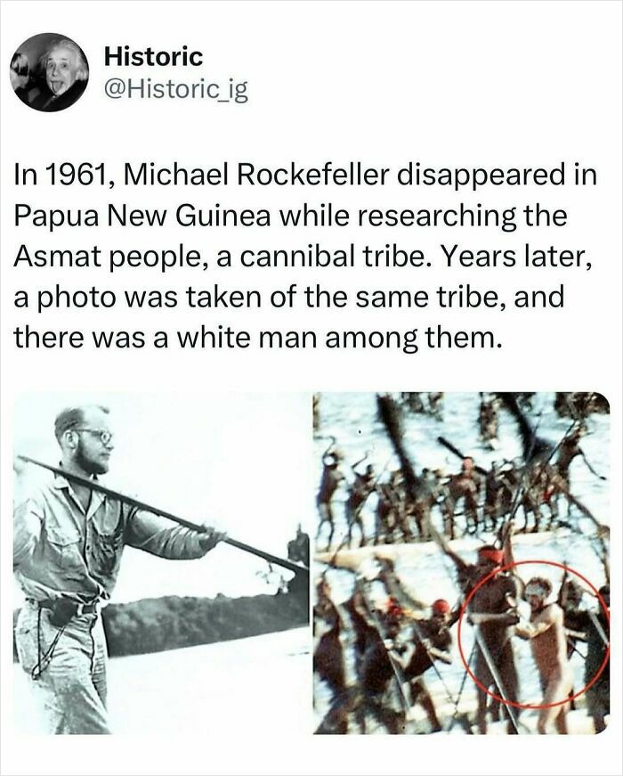Historic photo showing Michael Rockefeller among the Asmat tribe in Papua New Guinea, part of interesting historic photos collection.