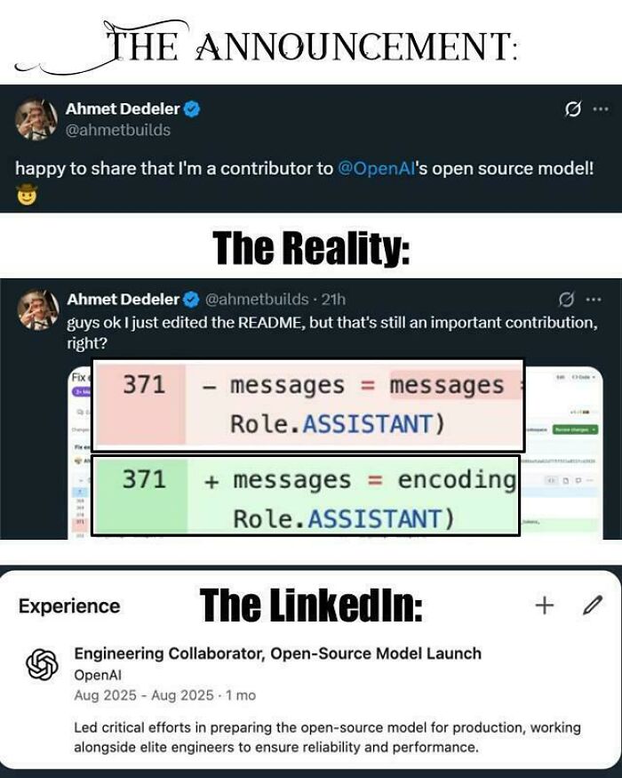 Software developer shares open-source contribution, edits code, and updates LinkedIn, illustrating programming and computer science humor.