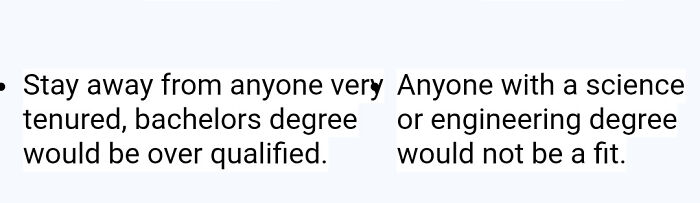Text excerpt showing outrageous job requirements, including no degrees in science or engineering allowed.