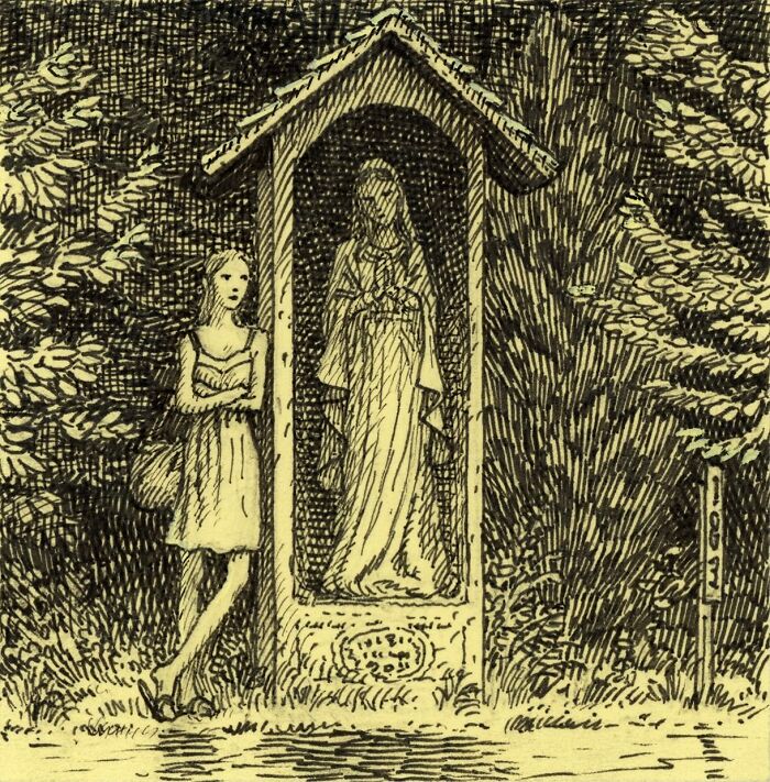 Intricate Post-It note art depicting a woman standing beside a statue in a detailed outdoor scene with foliage.