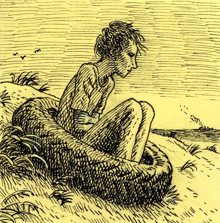 Drawing of a person sitting on a tire in a field, created using Post-It Notes instead of a canvas.