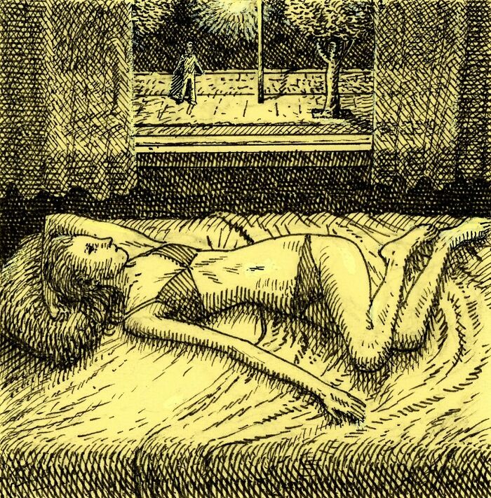 Intricate artwork of a woman lying on a bed created with Post-It notes, showcasing detailed shading and texture.