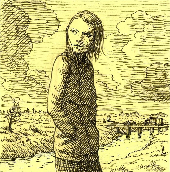 Sketch of a person standing by a river with detailed clouds, created on yellow Post-It Notes as the canvas.