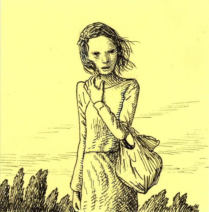 Sketch of a woman holding a bag, drawn on a yellow Post-It note showcasing Post-It note art technique.