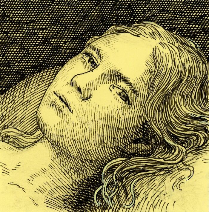 Close-up of detailed portrait drawn on a yellow Post-It Note showcasing unique art using Post-It Notes instead of canvas.