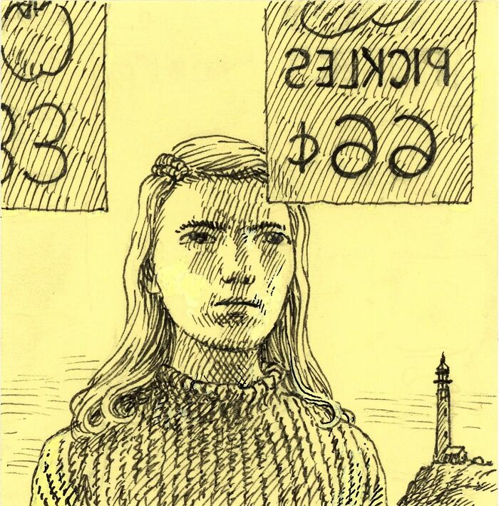 Sketch of a woman with long hair created on yellow Post-It notes, showcasing artwork made using Post-It notes instead of a canvas.