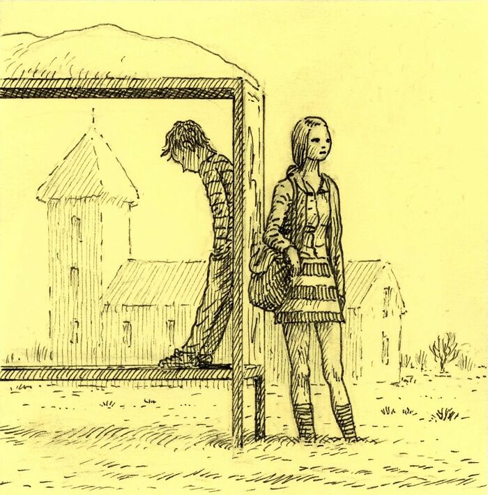 Sketch of a man sitting and a woman standing beside a bus stop, drawn on yellow Post-It notes by the artist.