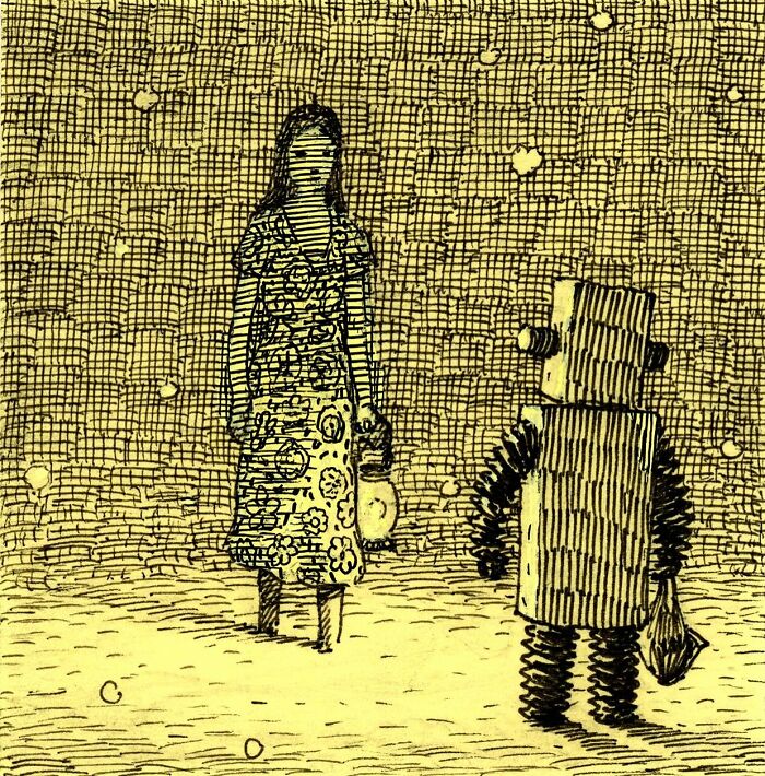 Intricate Post-It notes art depicting a woman in a floral dress and a robot holding a bag under a starry sky.