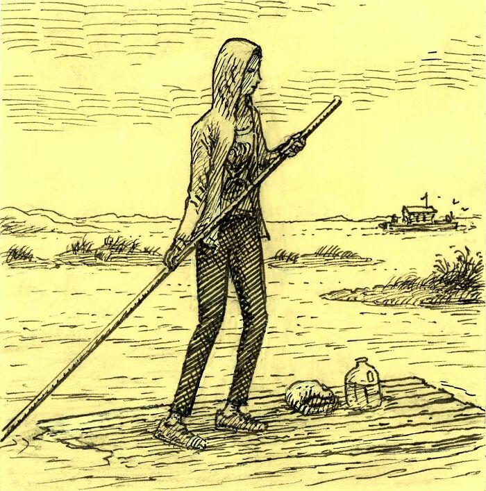 Hand-drawn Post-It Note art of a woman standing on a raft holding a pole with a bottle and bread nearby.
