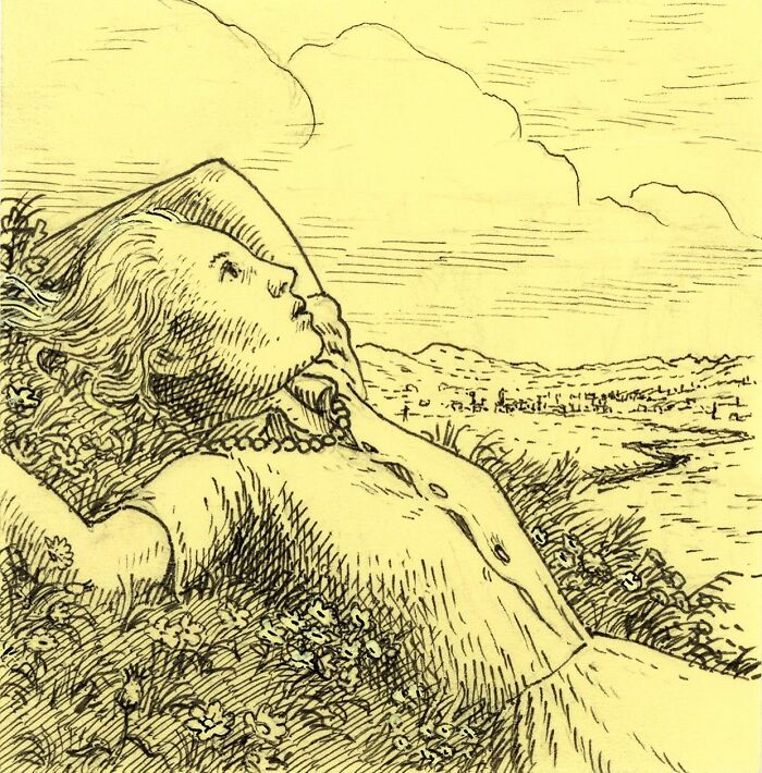 Intricate drawing of a person resting on grass created with pen on a yellow Post-It note by an innovative artist.