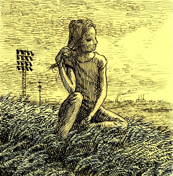 Detailed sketch of a girl sitting in a field created using Post-It Notes as the artistic medium.