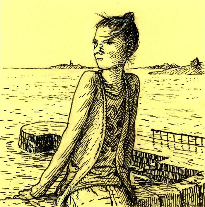 Sketch of a woman by the water created on a Post-It Note showcasing unique art using Post-It Notes instead of a canvas.