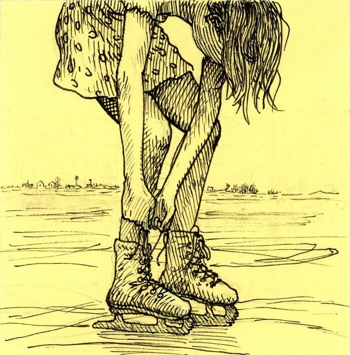 Sketch of a girl tying ice skates drawn on a yellow Post-It note showcasing art using Post-It notes instead of a canvas.