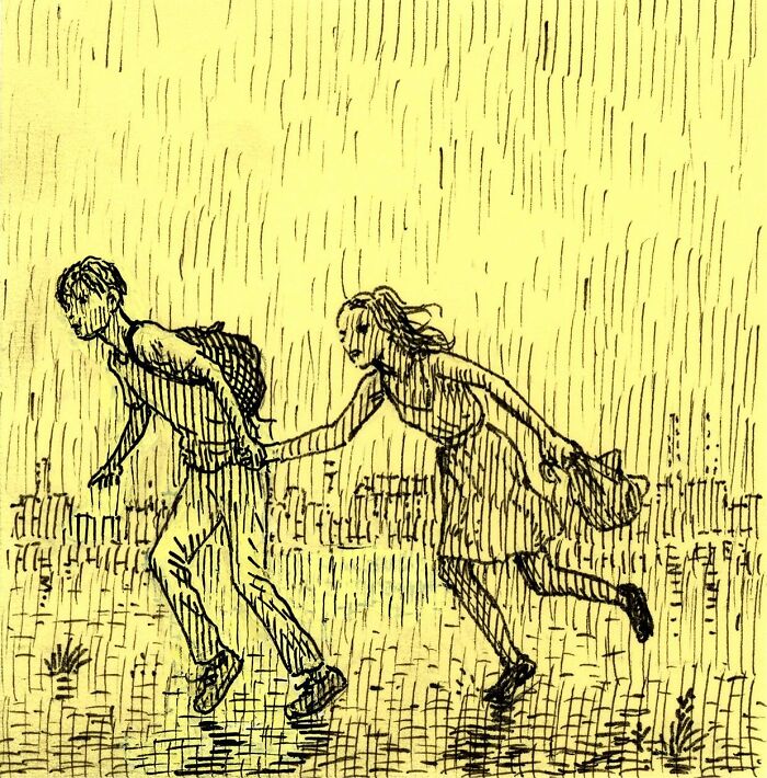 Sketch of a couple running in the rain drawn on yellow Post-It Notes highlighting creative Post-It art.