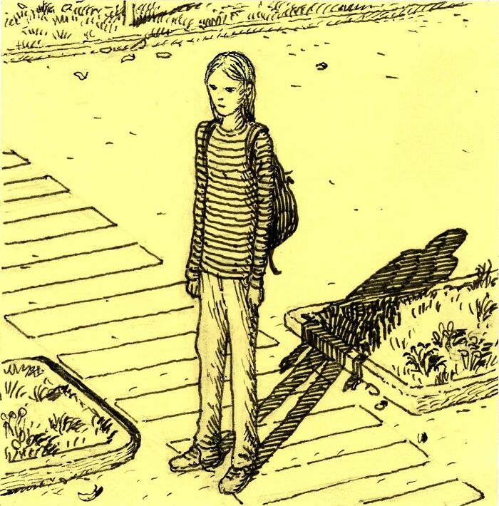 Sketch of a person standing on a crosswalk drawn on yellow Post-It Notes by an artist using Post-It Notes instead of a canvas.