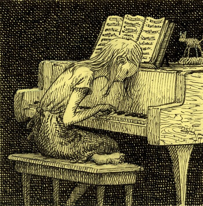 Detailed sketch of a young girl playing piano, showcasing intricate art made with Post-It Notes instead of a canvas.
