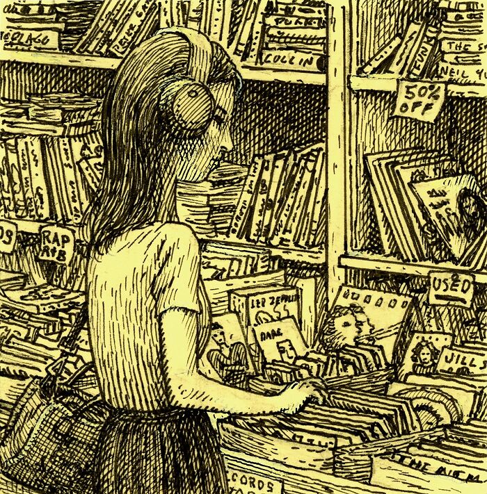 Intricate Post-It Note artwork of a woman in headphones browsing records in a store, showcasing detailed illustration style.