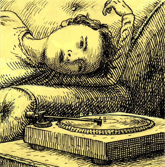 Detailed Post-It note artwork of a person lying on a couch next to a vintage record player, showcasing unique creativity.