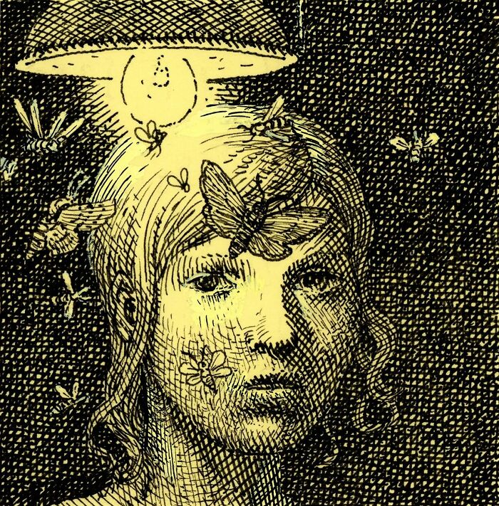 Intricate Post-It note art of a woman's face surrounded by moths illuminated by a glowing lamp above her head.
