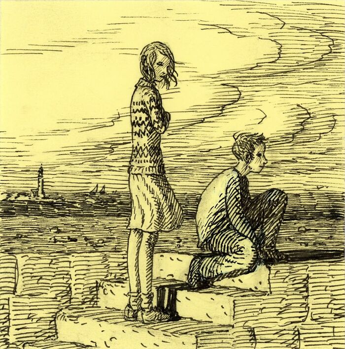 Ink sketch on a Post-It note showing two people outdoors near water, showcasing art using Post-It notes as canvas.