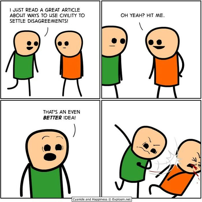 Two stick figures in a dark humor Cyanide and Happiness comic engaging in a violent, ironic disagreement scene.