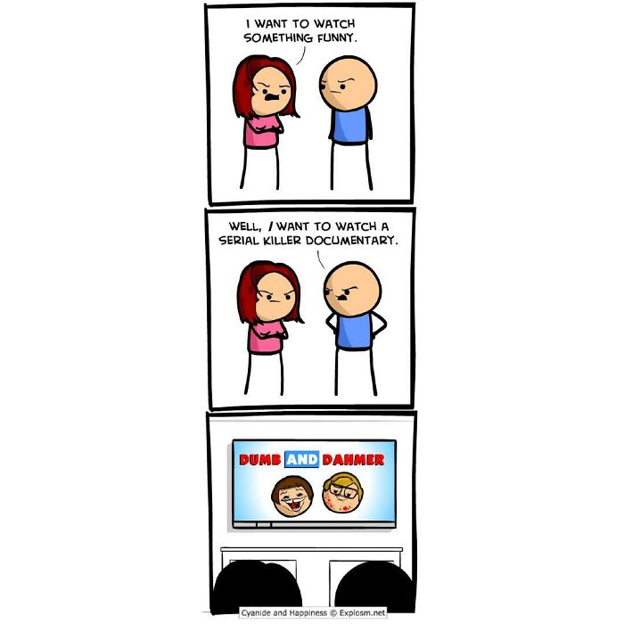 Two stick figure characters debating watching something funny or a serial killer documentary in a Cyanide & Happiness comic strip.