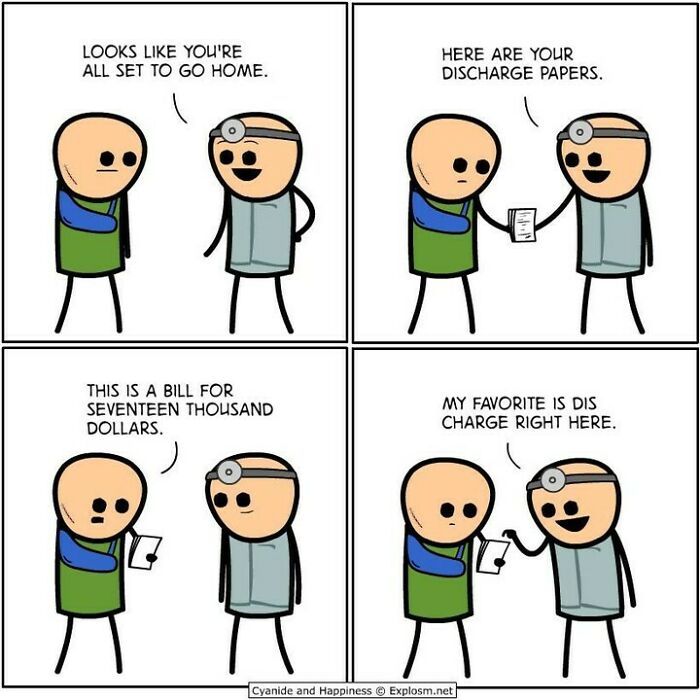 Cyanide and Happiness comic strip showing a doctor giving a patient an expensive hospital bill with dark humor.