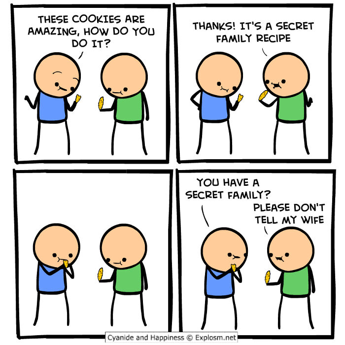 Two characters share cookies in a Cyanide and Happiness comic showcasing timeless dark humor with a secret family joke.