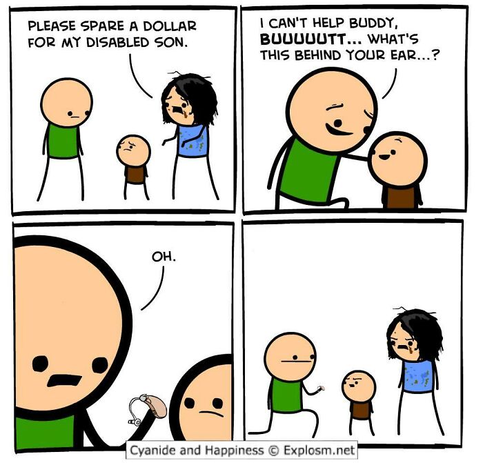 Dark humor comic from Cyanide and Happiness showing a man discovering a hearing aid behind a child's ear.